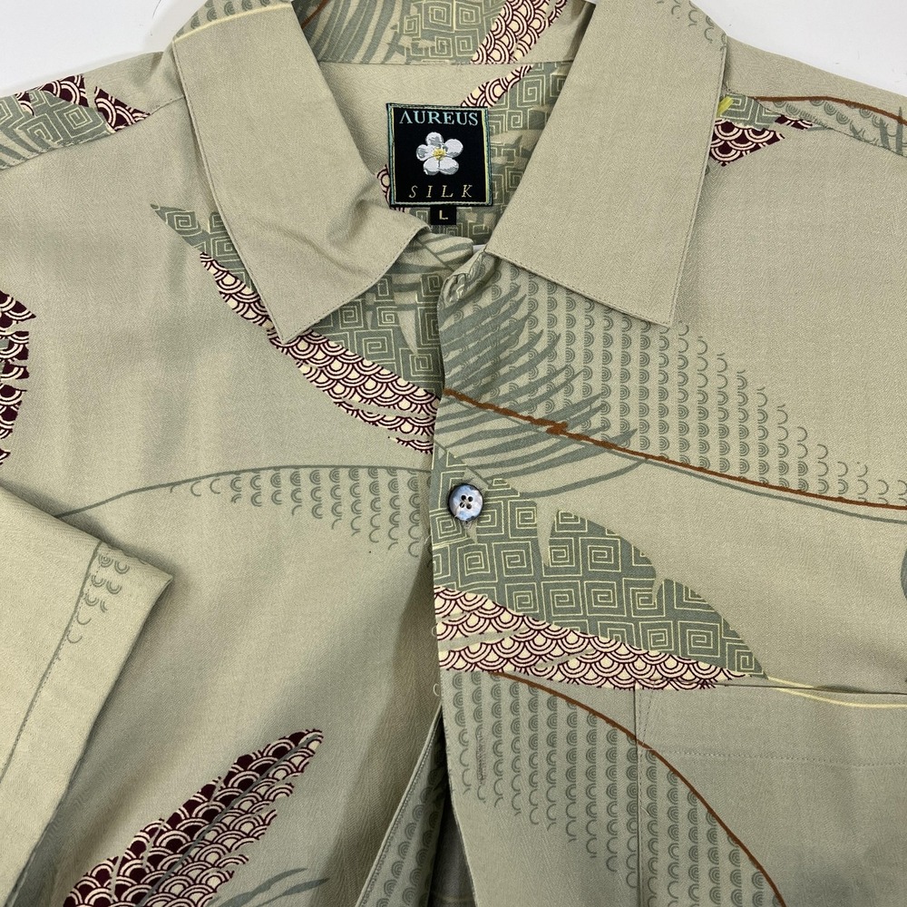 Aureus Shirt‎ Mens Large Green Silk Cotton Hawaiian Camp Floral Button Up